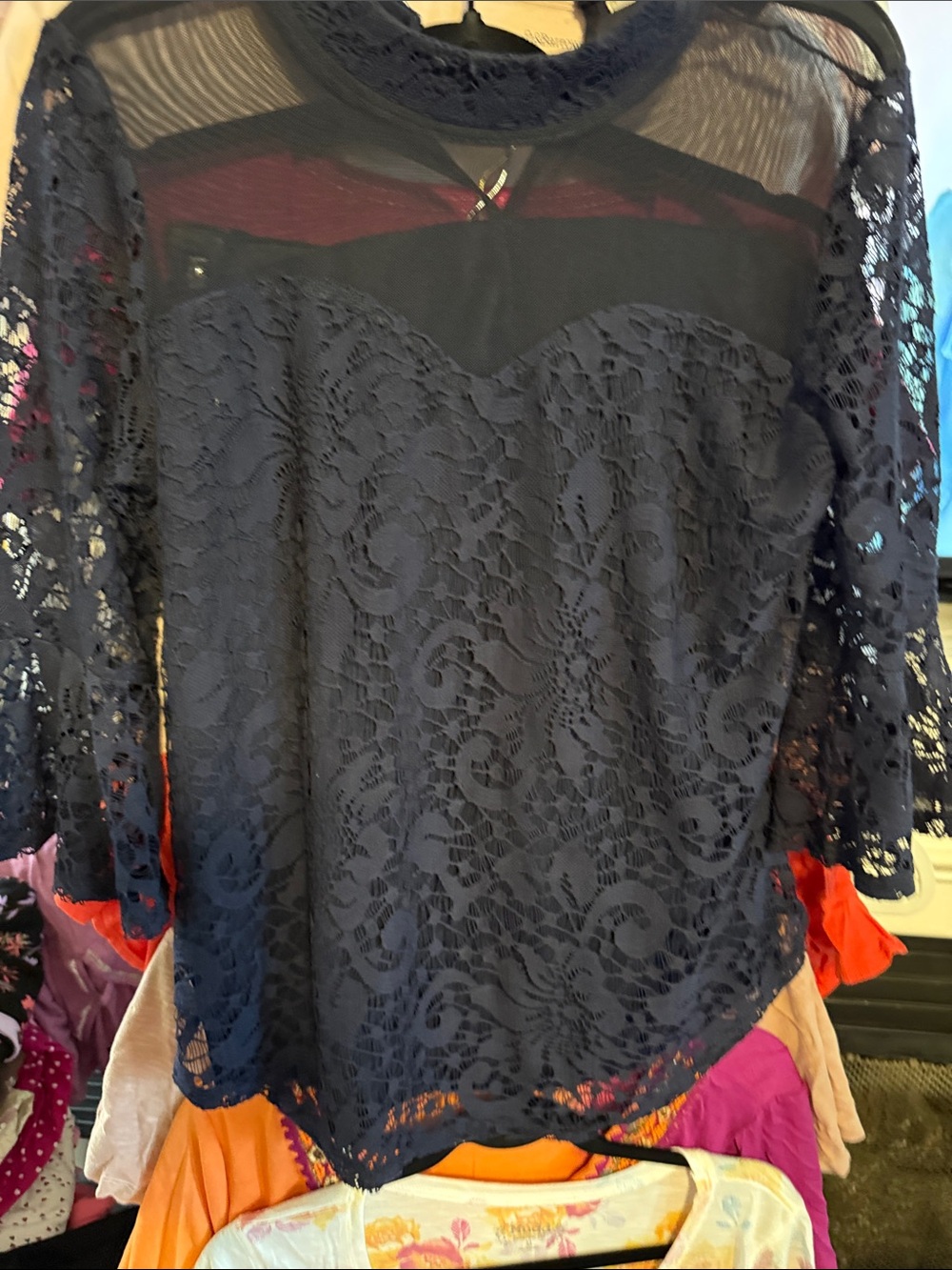 Lace Overlay Navy Blouse with Sheer Yoke